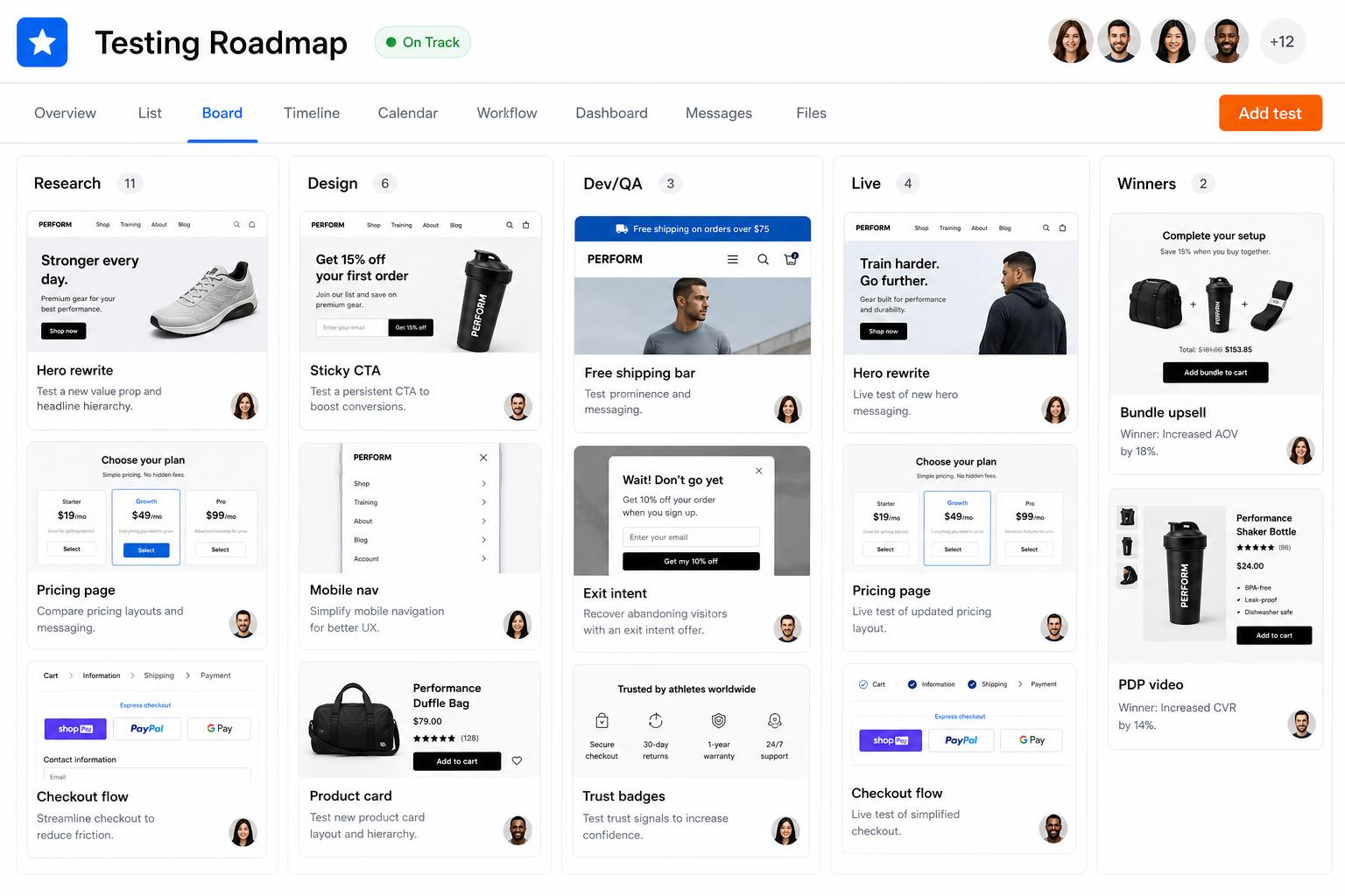 CRO testing roadmap board - Research, Design, Dev/QA, Live, Winners