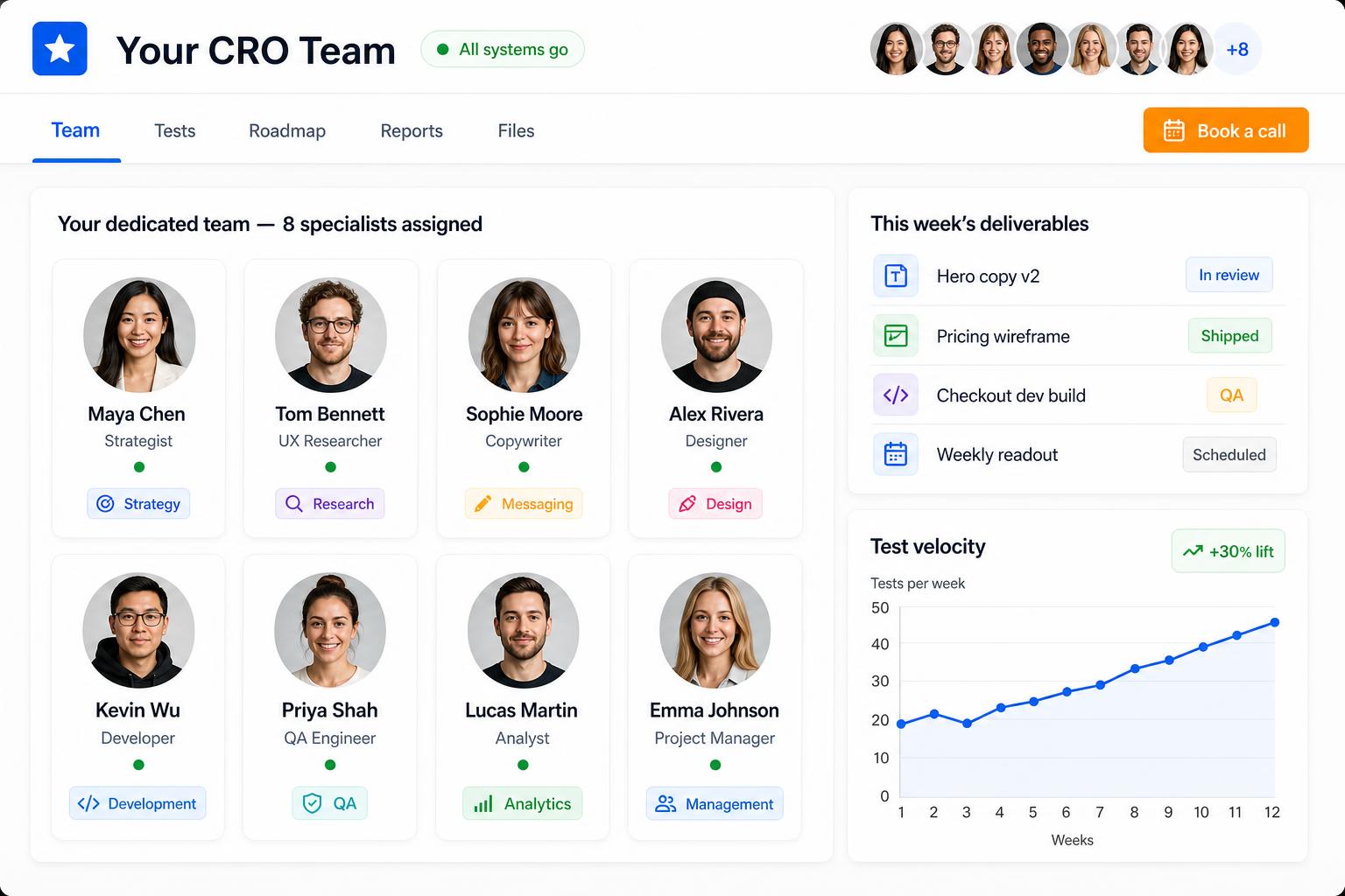 Your dedicated CRO team - strategist, researcher, copywriter, designer, developer, QA, analyst, PM